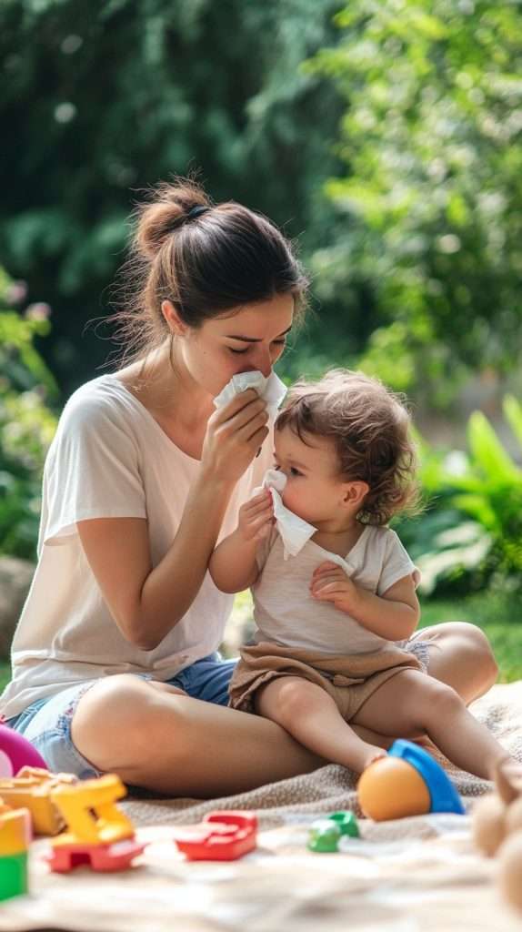 A mother using a wet wipe with her child.
